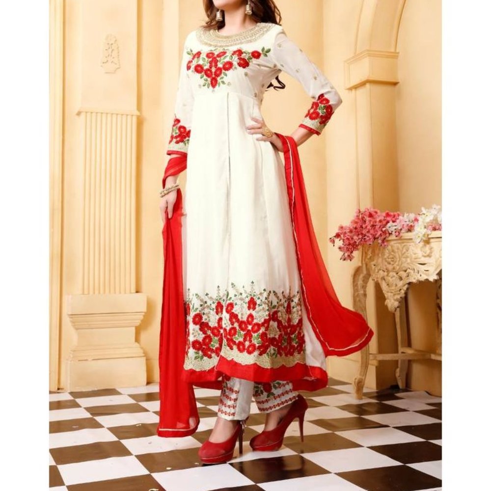 WHITE & RED EMBROIDERED GEORGETTE ANARKALI SALWAR WITH DUPATTA